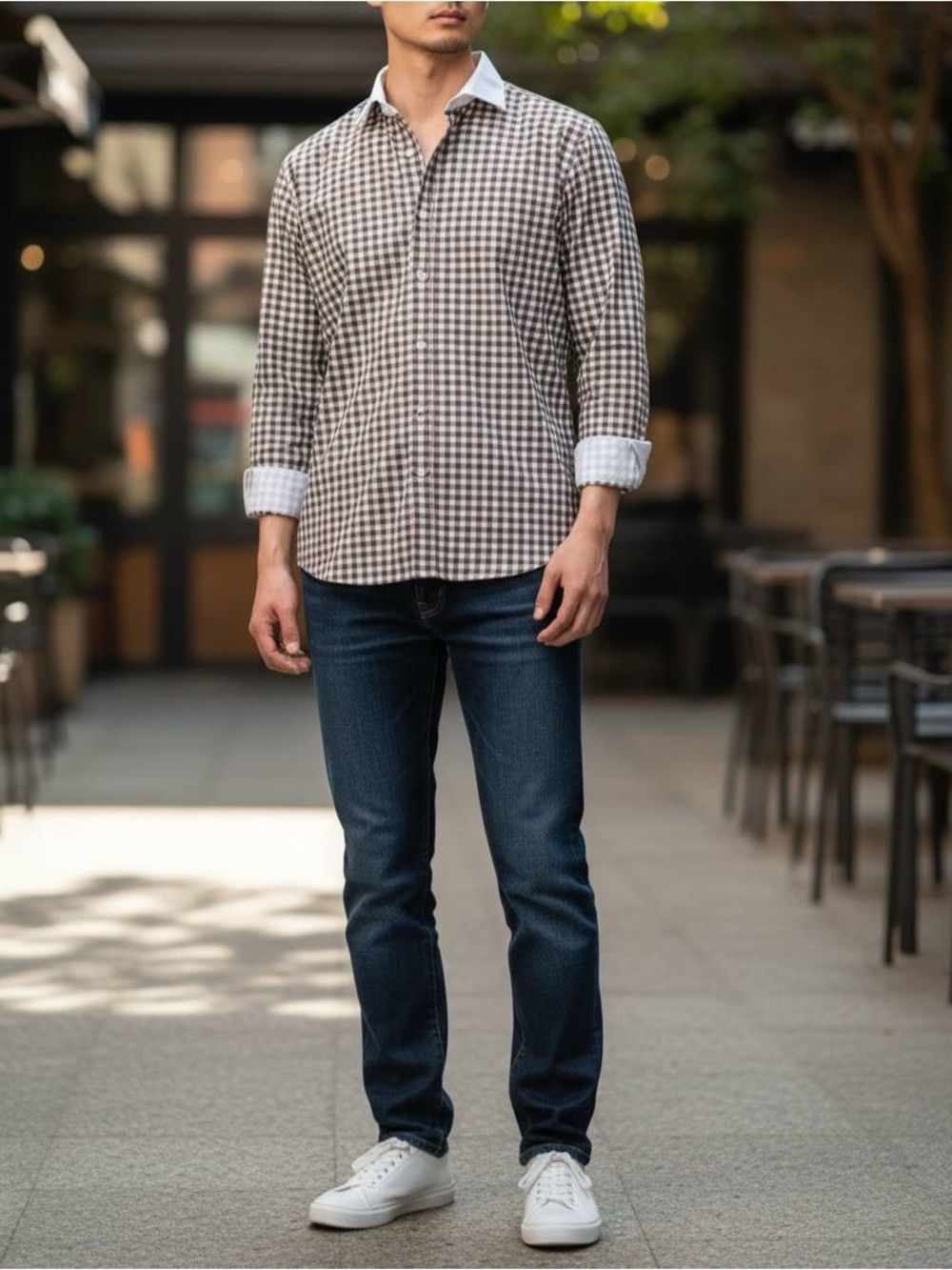 Pierre Cardin Brown and White Check Casual Button-Down Shirt